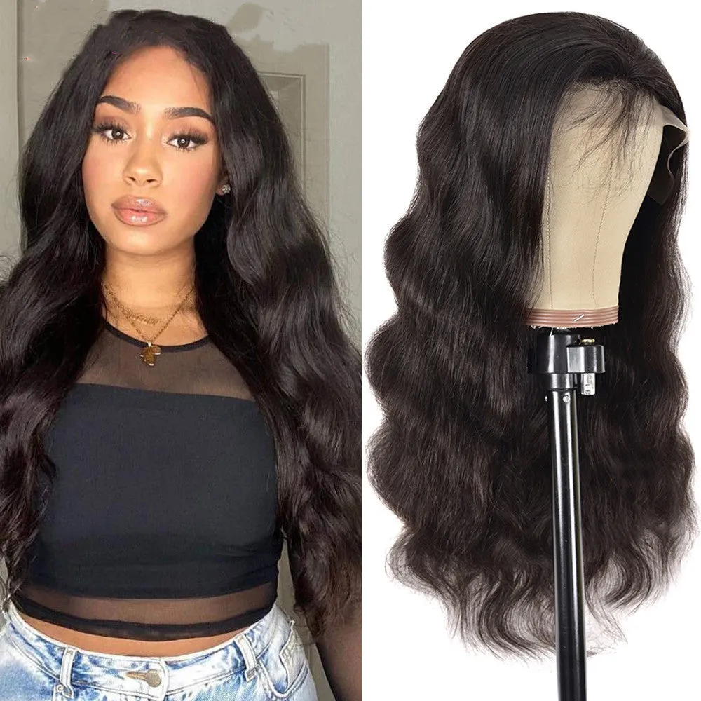 Human hair lace front wig body wave black with long bangs on mannequin head