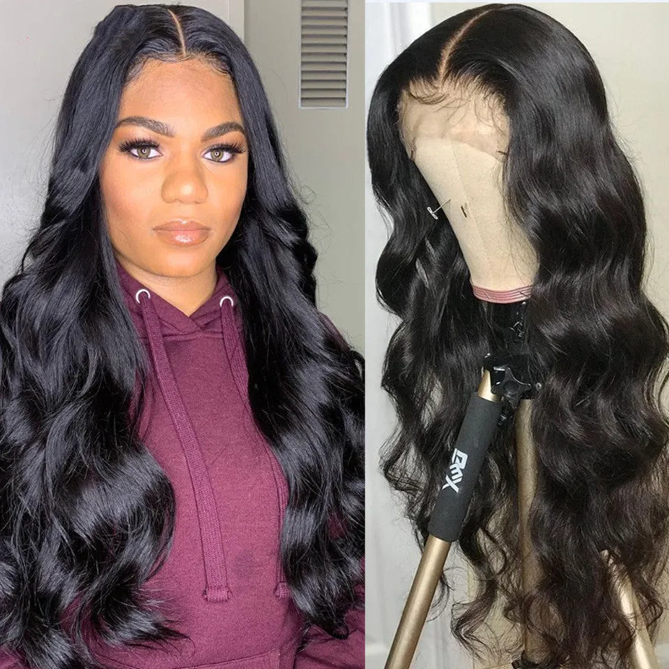 Human hair lace front wig body wave black with long bangs on mannequin head