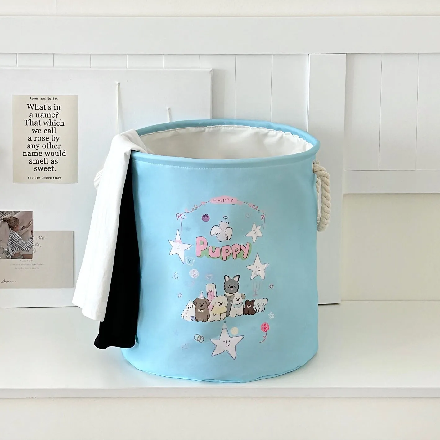 Foldable cotton laundry basket with bear design in modern simple style for bedroom storage