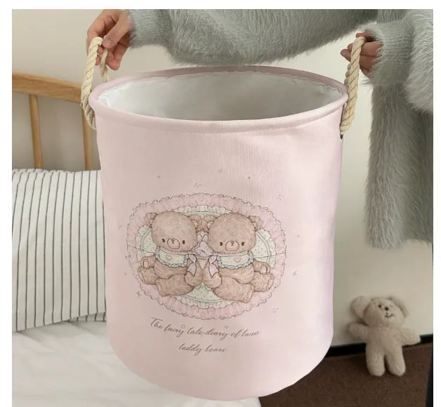 Foldable cotton laundry basket with bear design in modern simple style for bedroom storage