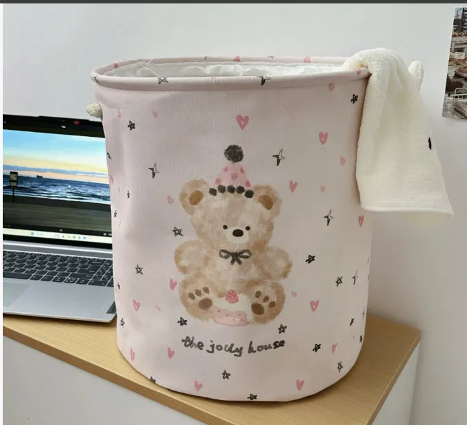 Foldable cotton laundry basket with bear design in modern simple style for bedroom storage
