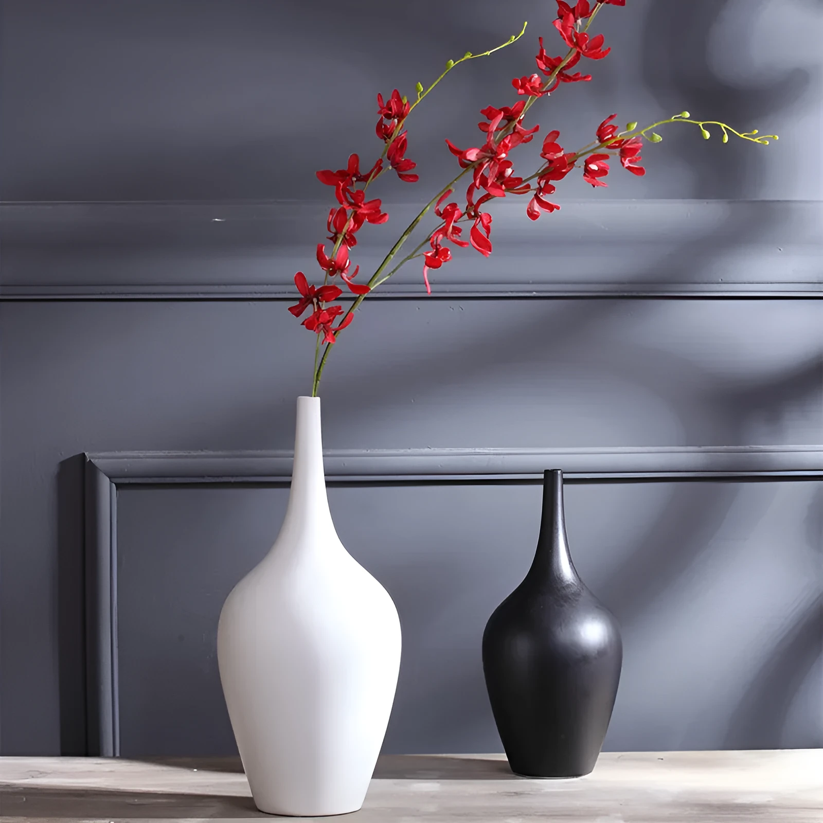 Tall white matte glaze ceramic vase HP160 on desktop with flowers
