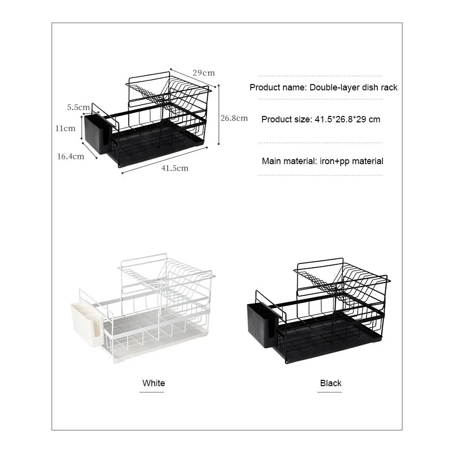 Double dish rack with double tier wire construction, removable upper layer, and bottom drain tray in black colour