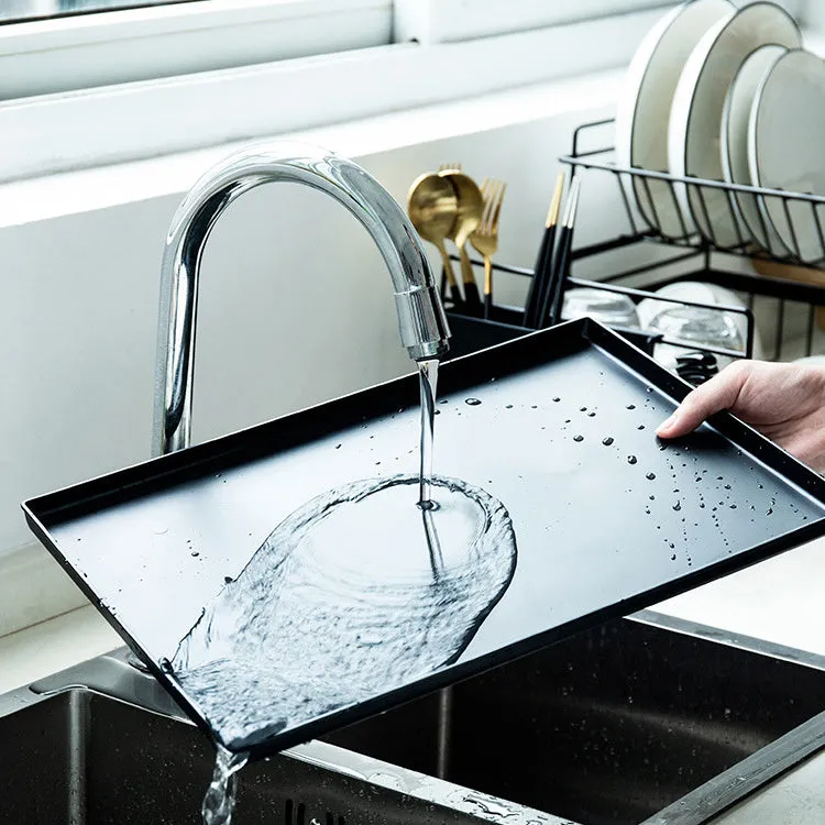 Double dish rack with double tier wire construction, removable upper layer, and bottom drain tray in black colour