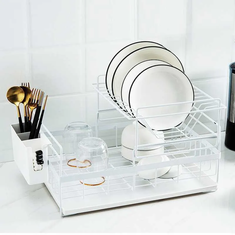 Double dish rack with double tier wire construction, removable upper layer, and bottom drain tray in black colour