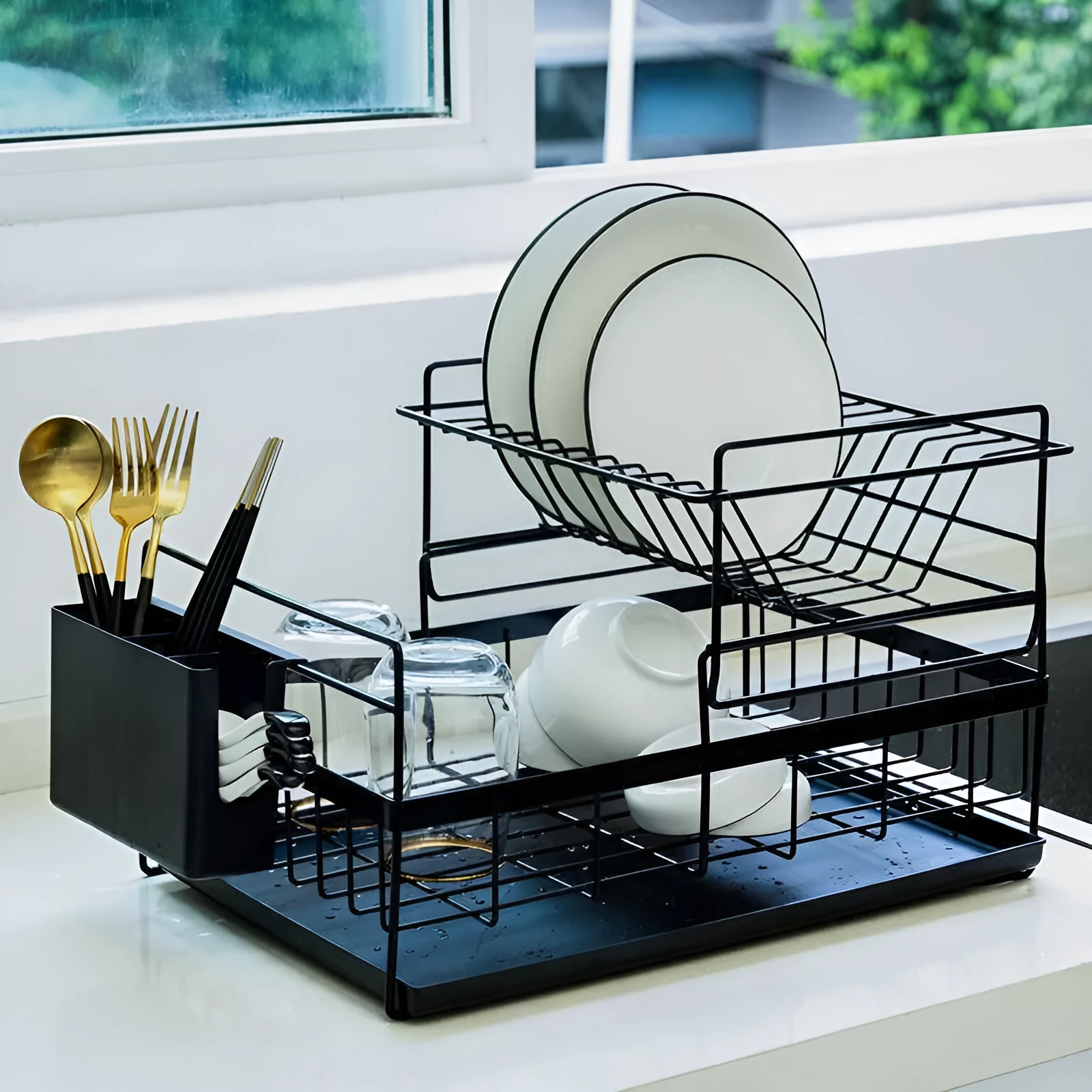Double dish rack with double tier wire construction, removable upper layer, and bottom drain tray in black colour