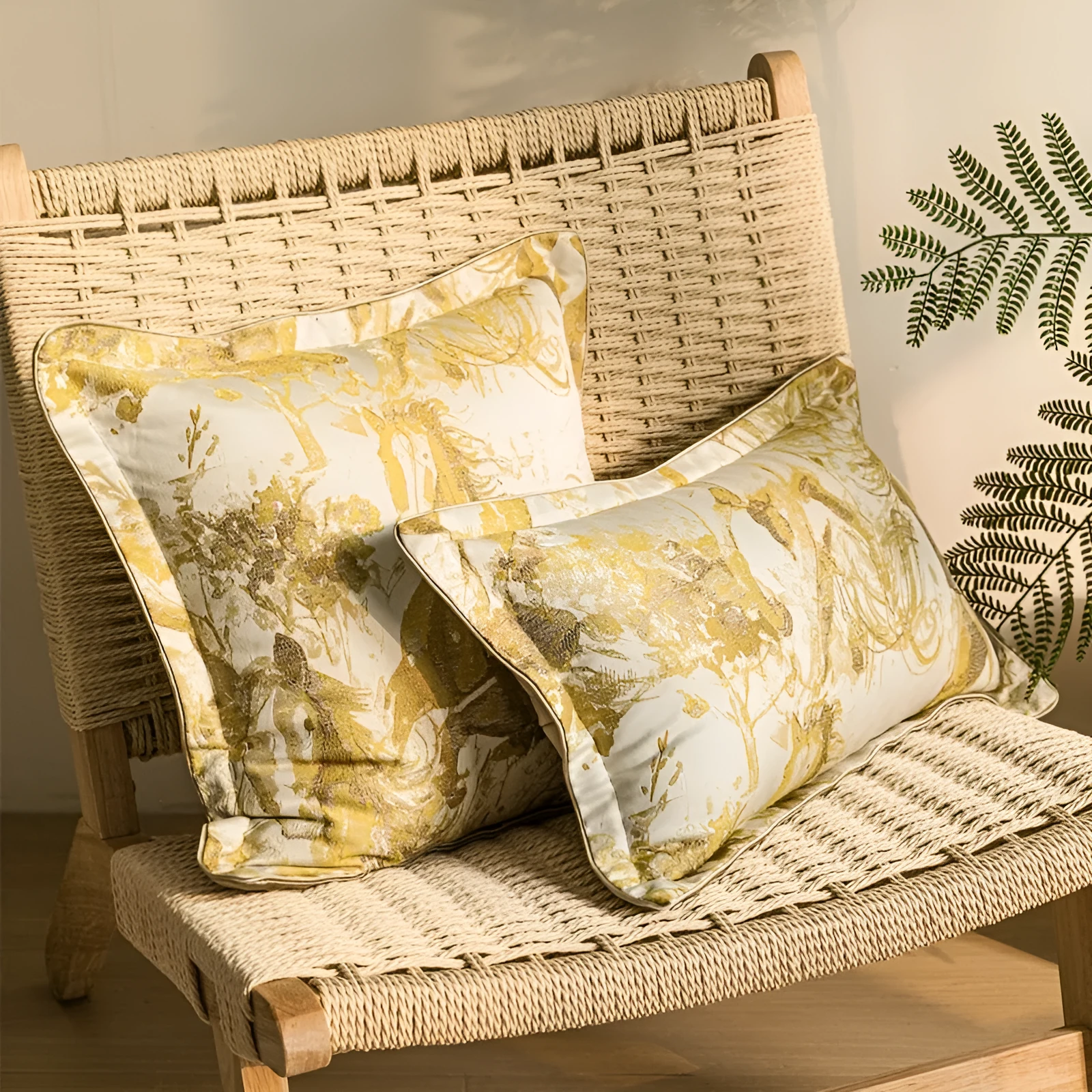 Modern abstract golden horse design on a jacquard weave square decorative cushion pillow.