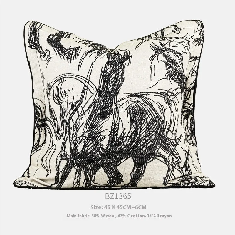 Modern abstract golden horse design on a jacquard weave square decorative cushion pillow.