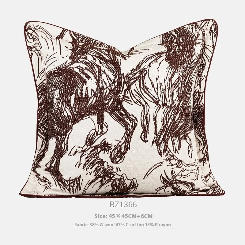 Modern abstract golden horse design on a jacquard weave square decorative cushion pillow.