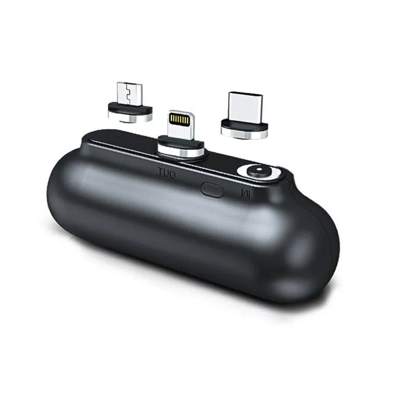 Smart magnetic mini power bank in black, 2600mAh, with magnetic data cable and compact plastic shell