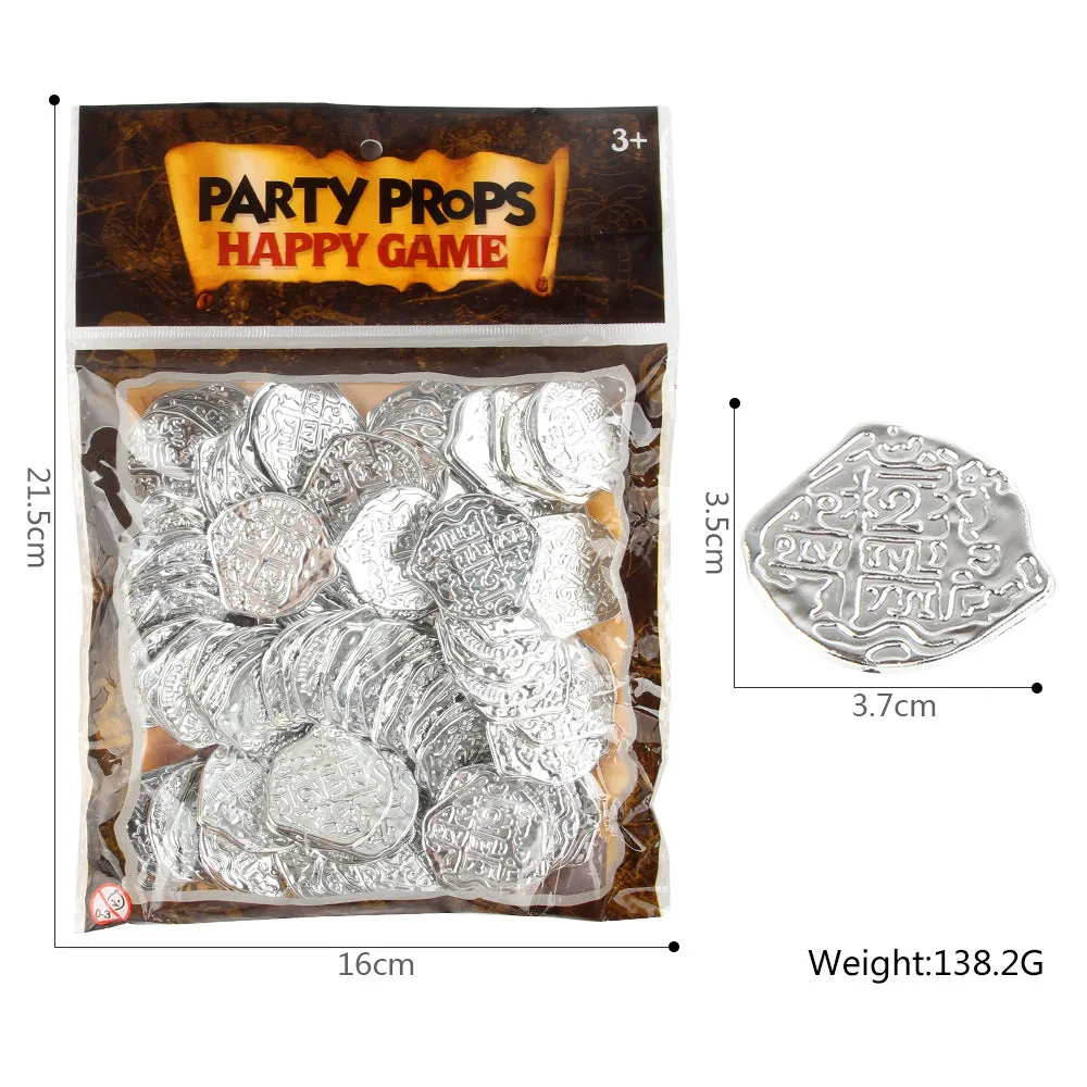 Set of 100 gold, silver, and bronze plastic Roman coins with electroplated metallic finishes.