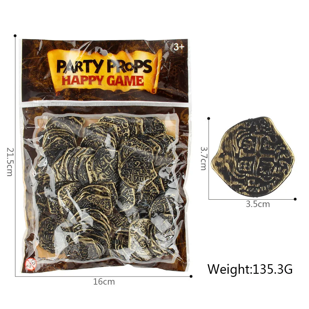 Set of 100 gold, silver, and bronze plastic Roman coins with electroplated metallic finishes.