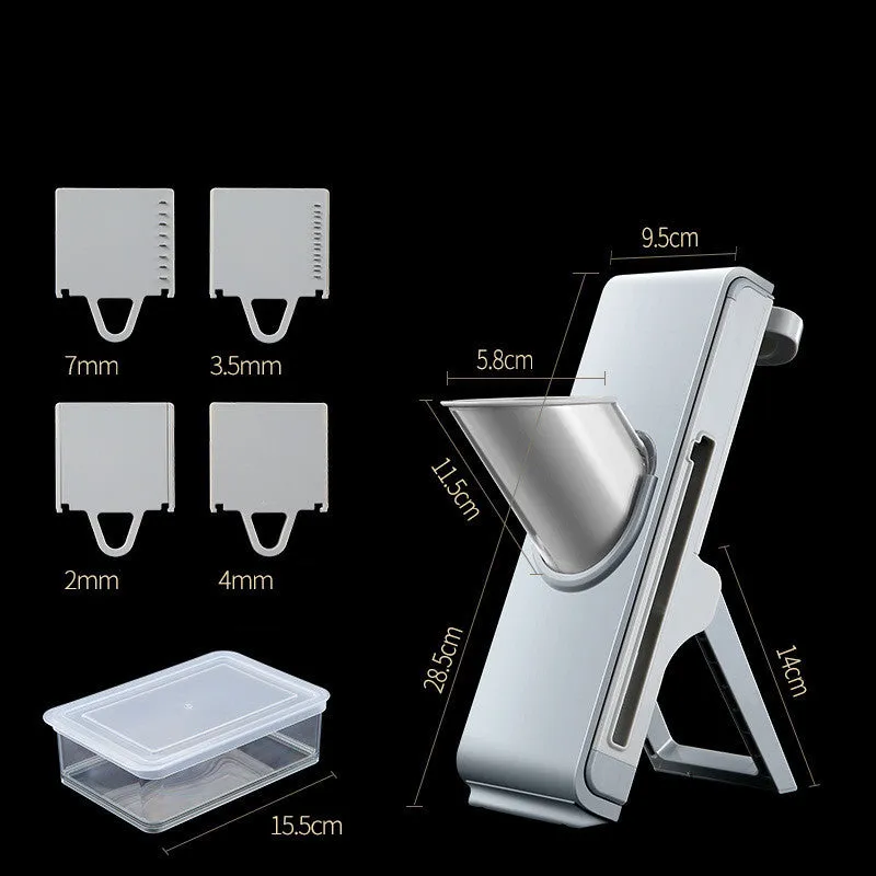 Hand-crank vegetable cutter in simple grey with three blades and fresh-keeping box on a kitchen counter