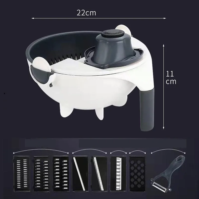 Hand-crank vegetable cutter in simple grey with three blades and fresh-keeping box on a kitchen counter