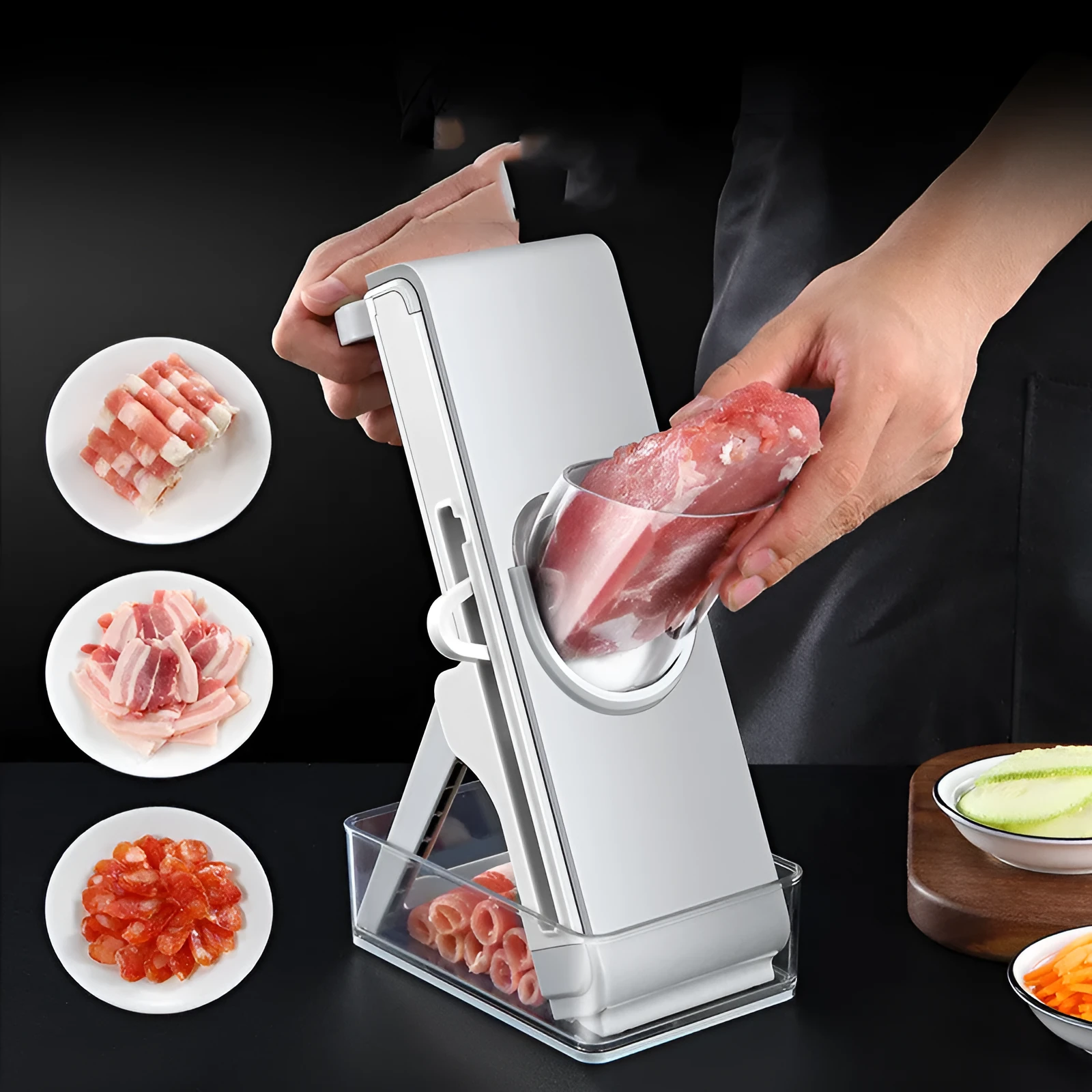Hand-crank vegetable cutter in simple grey with three blades and fresh-keeping box on a kitchen counter