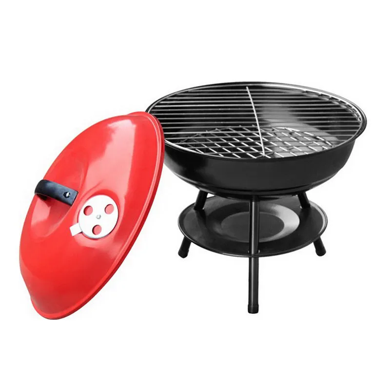 Spherical barbecue stove in black and red with 34.2cm iron grill net and portable chassis
