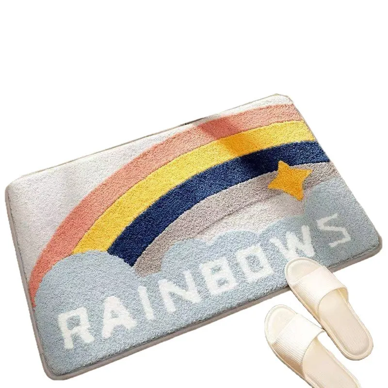Square rainbow print polyester carpet mat with plastic bottom in Sky Sea colour.