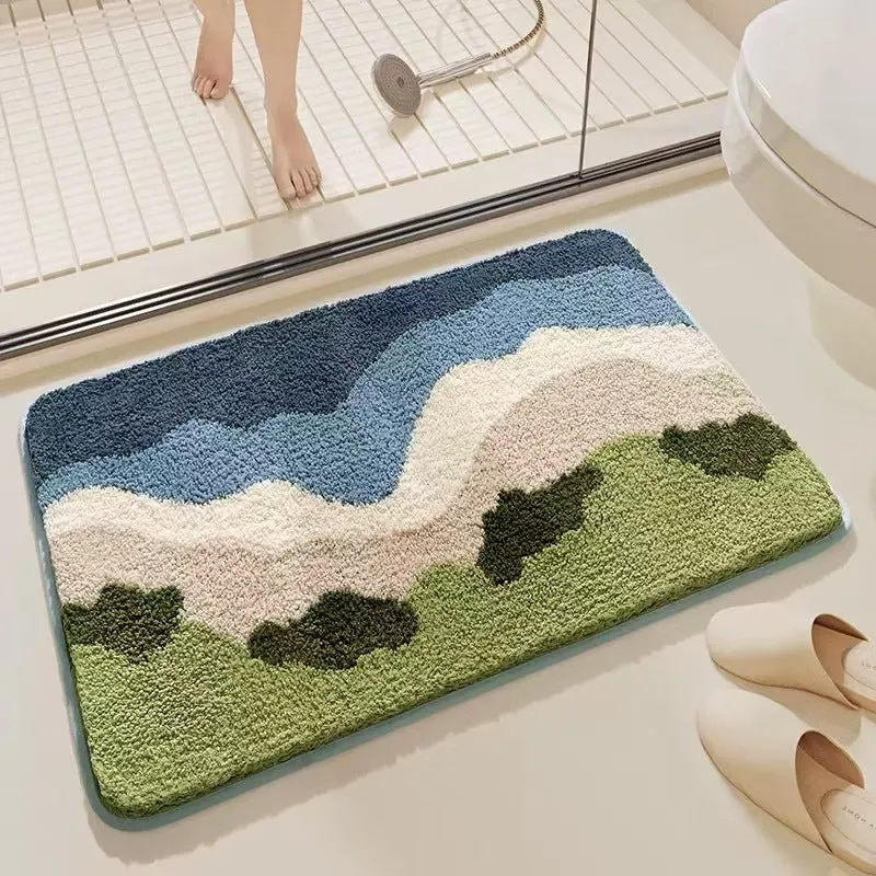 Square rainbow print polyester carpet mat with plastic bottom in Sky Sea colour.