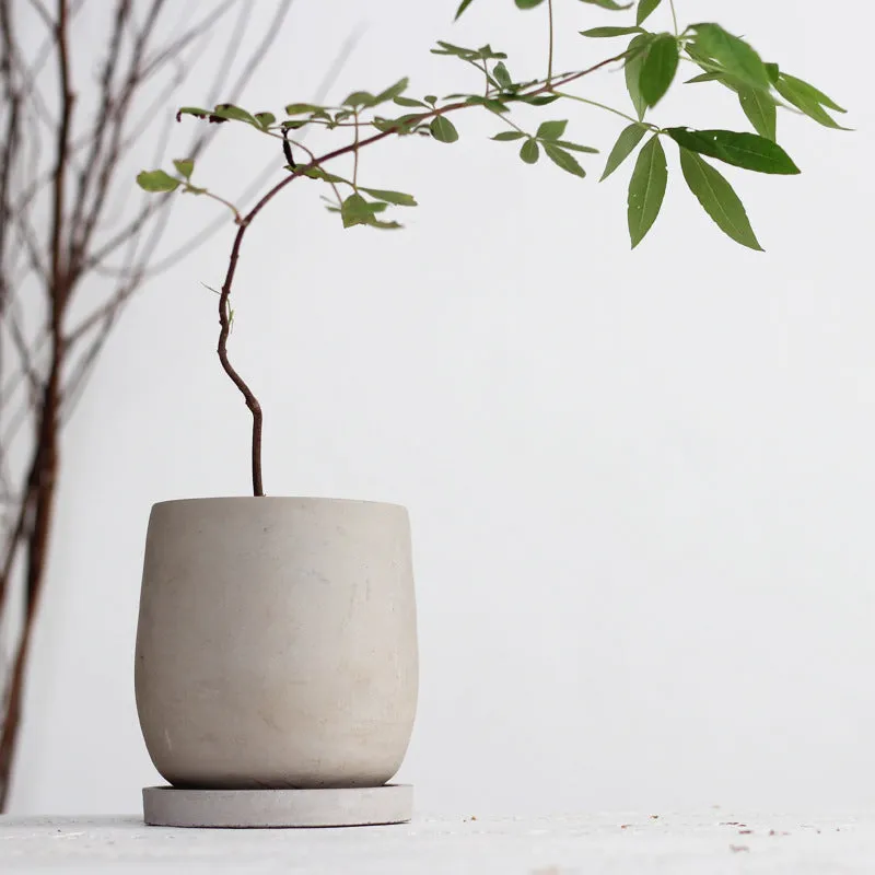 Round cement flower pot 11cm natural colour Chinese style desktop planter with tray