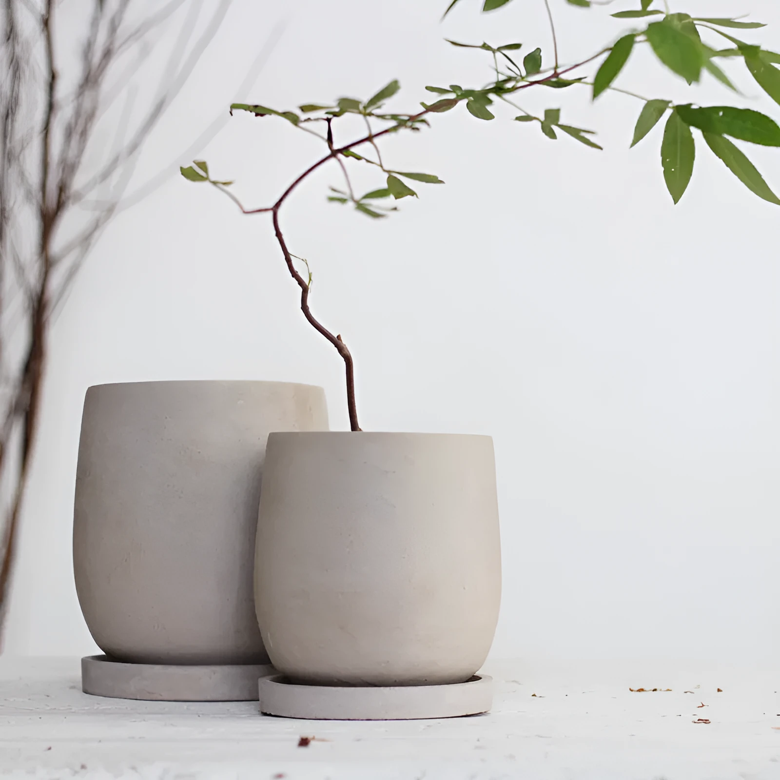 Round cement flower pot 11cm natural colour Chinese style desktop planter with tray
