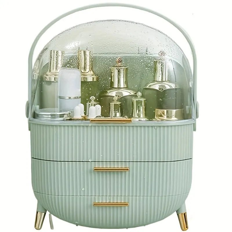 Desktop plastic storage box with lid for cosmetics, available in green, light green, or white colours