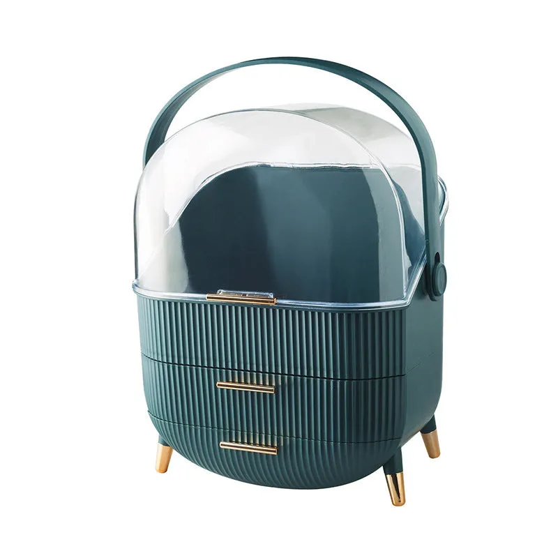 Desktop plastic storage box with lid for cosmetics, available in green, light green, or white colours