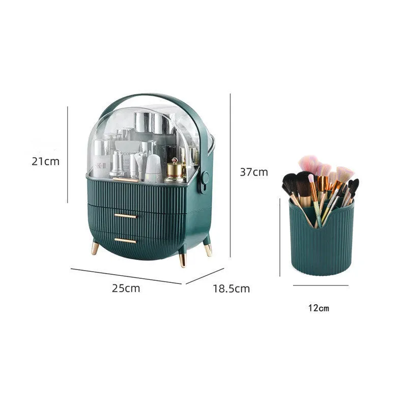 Desktop plastic storage box with lid for cosmetics, available in green, light green, or white colours