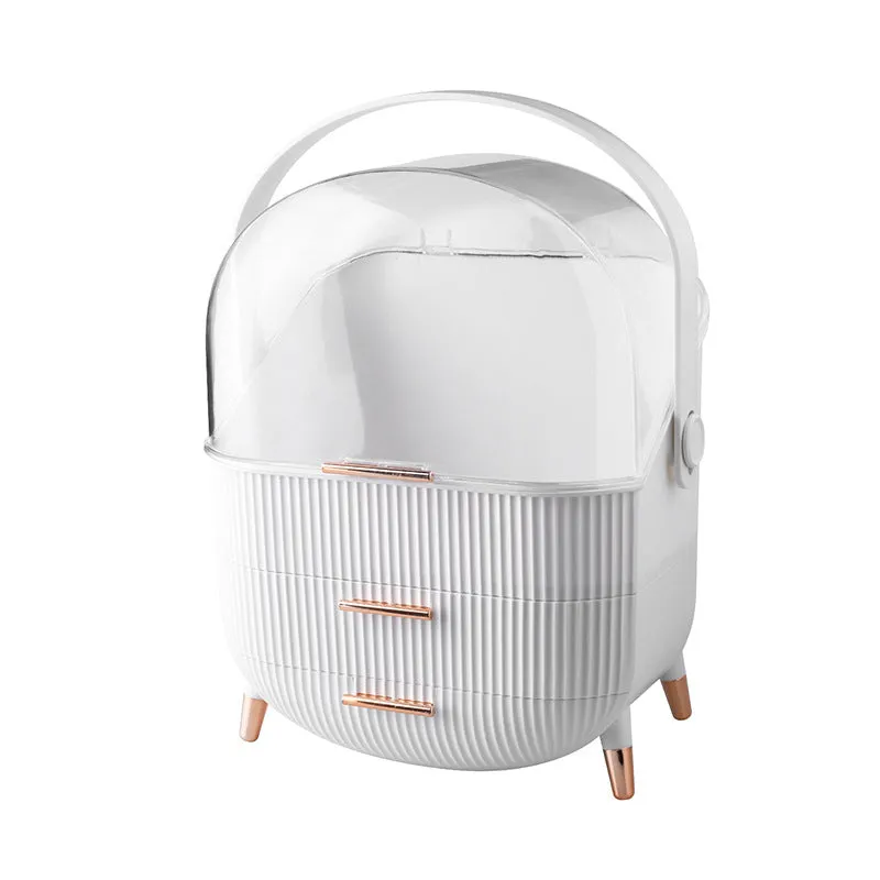 Desktop plastic storage box with lid for cosmetics, available in green, light green, or white colours