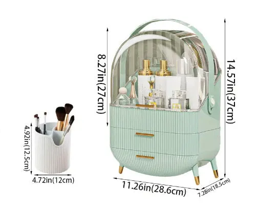 Desktop plastic storage box with lid for cosmetics, available in green, light green, or white colours