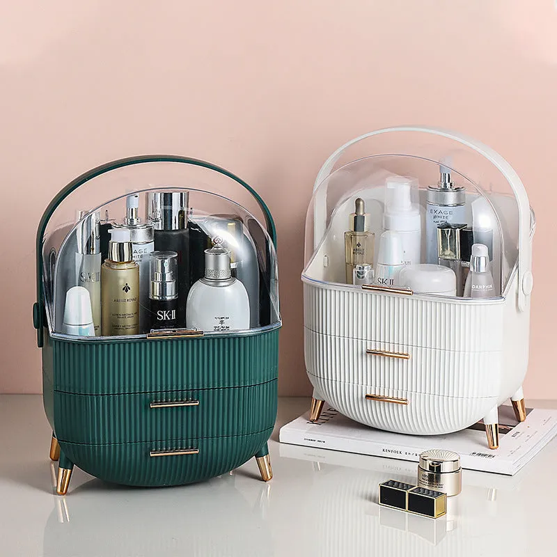 Desktop plastic storage box with lid for cosmetics, available in green, light green, or white colours