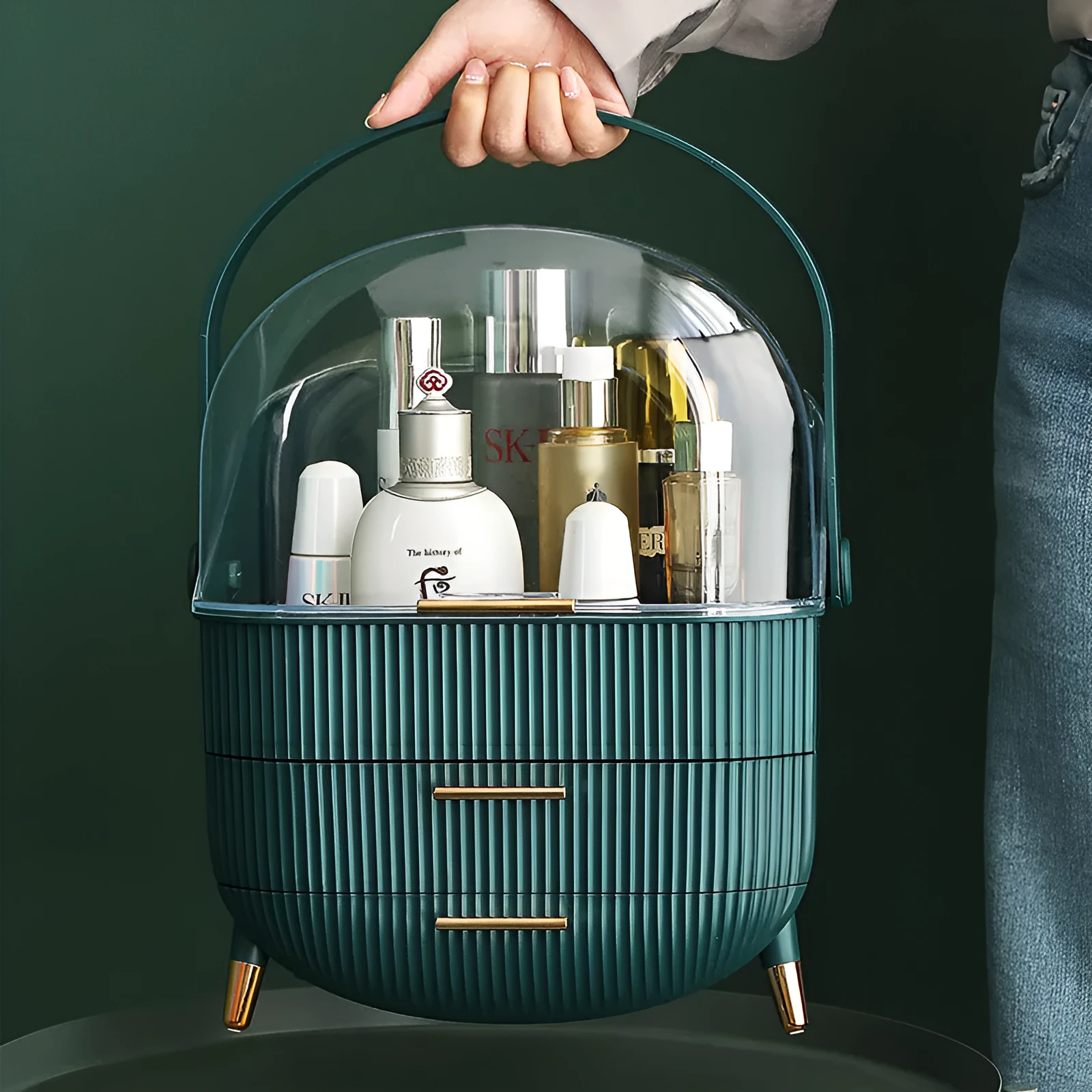 Desktop plastic storage box with lid for cosmetics, available in green, light green, or white colours