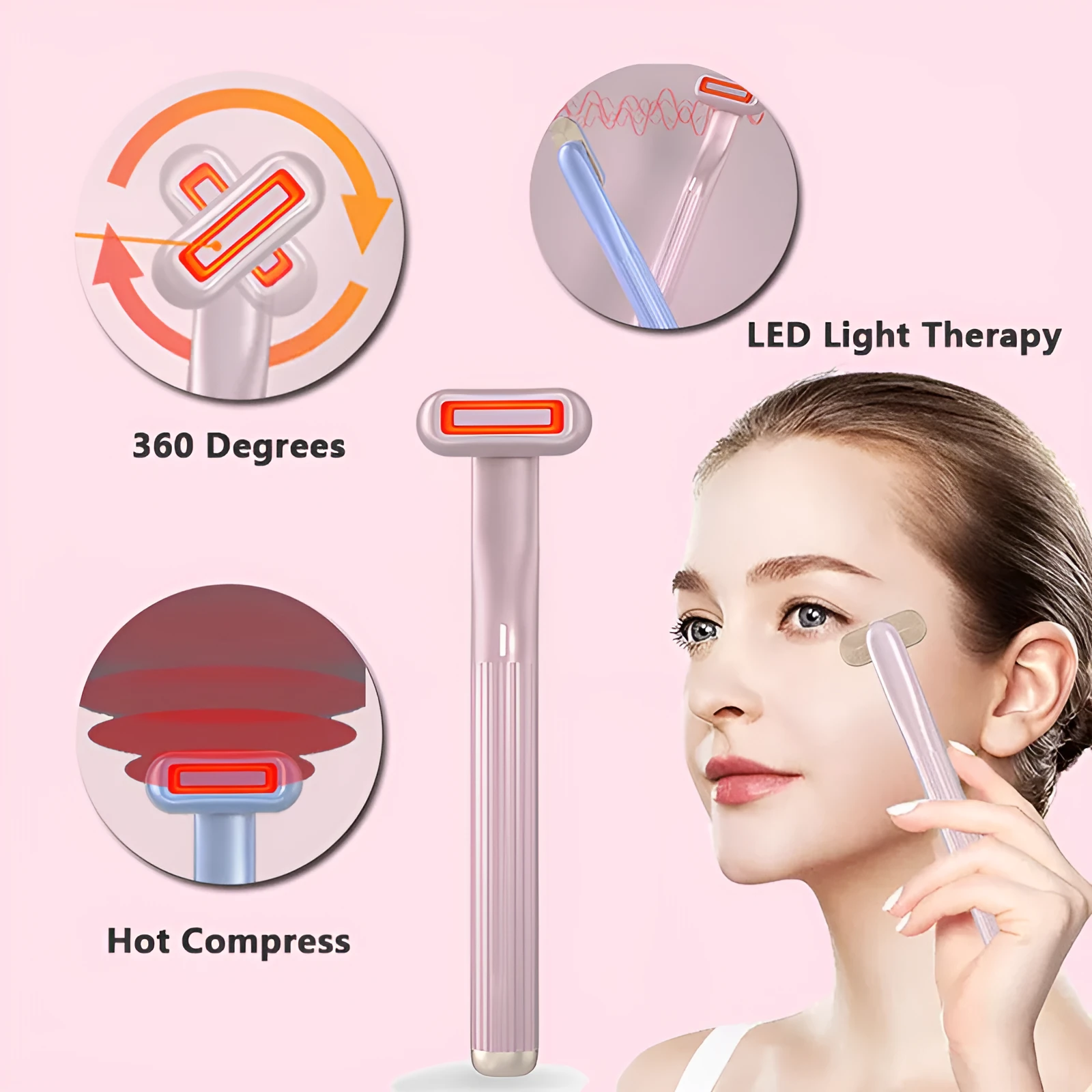 Purple rotary eye massage wand with red LED light and microcurrent on a white background