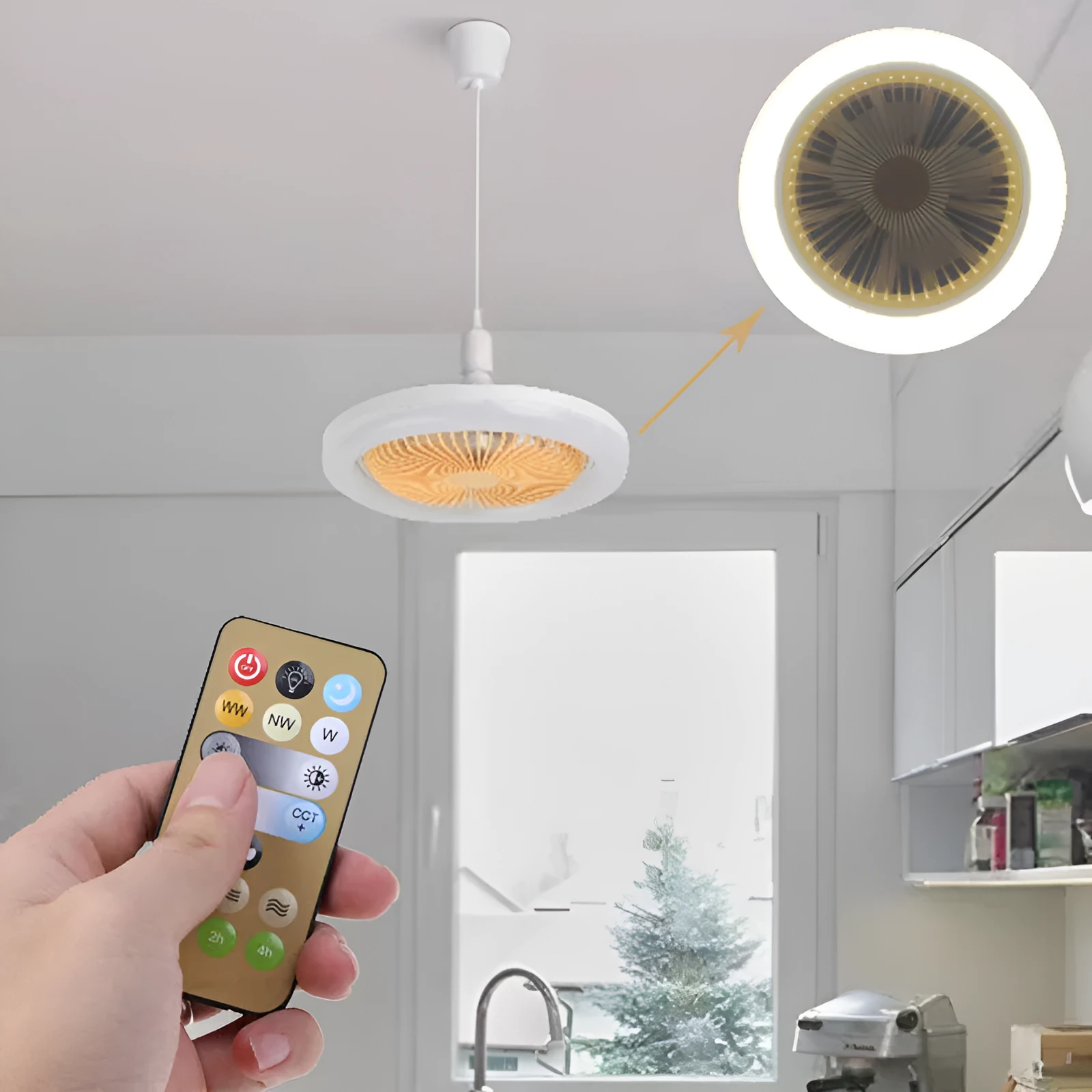 26cm round remote control ceiling fan with E27 30W LED lamp, plastic blades and shade, modern minimalist style
