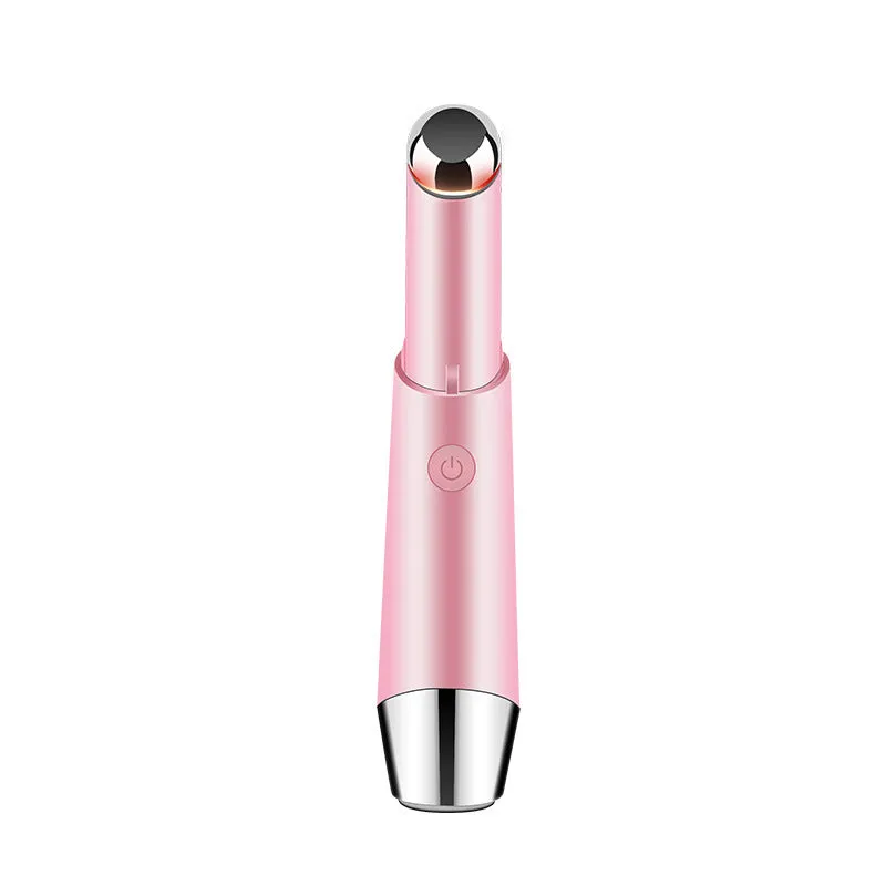 Mini electric eye massager pen in pink and white with vibration and heat for dark circles removal