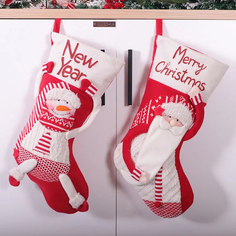 Red and white cloth Christmas stocking with snowman design, 45x26cm