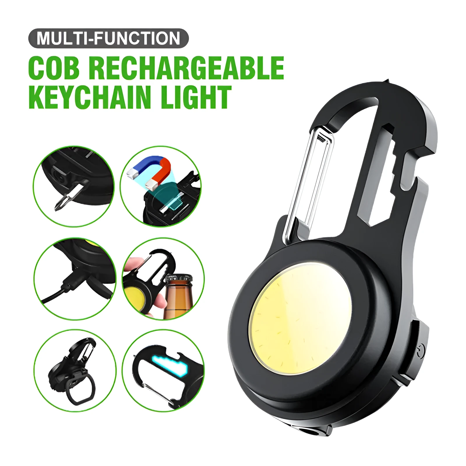 Black 6-in-1 multi-functional mini keychain lamp with COB light and magnetic base on metal surface