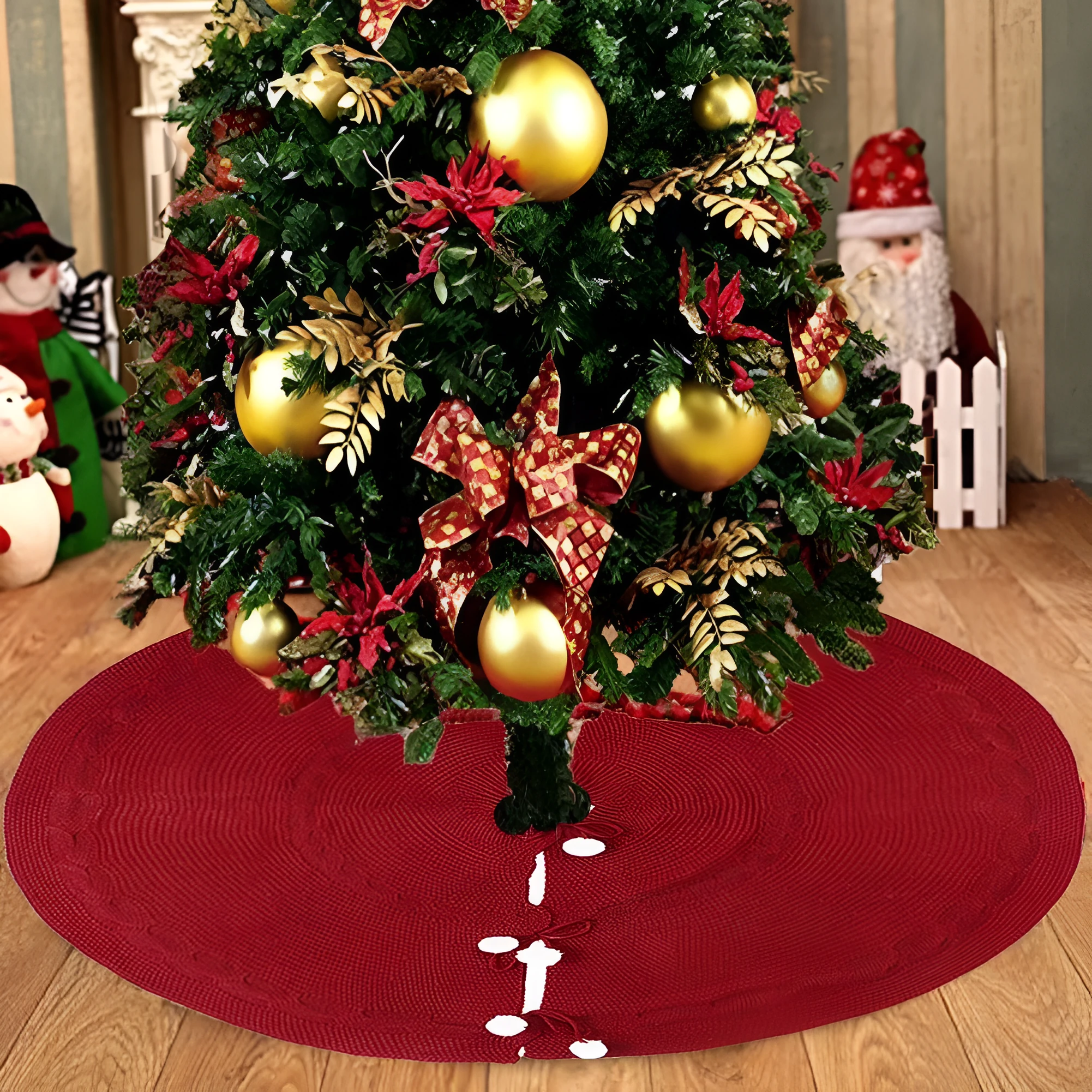 Wine red acrylic Christmas tree skirt 120cm diameter on floor under tree base