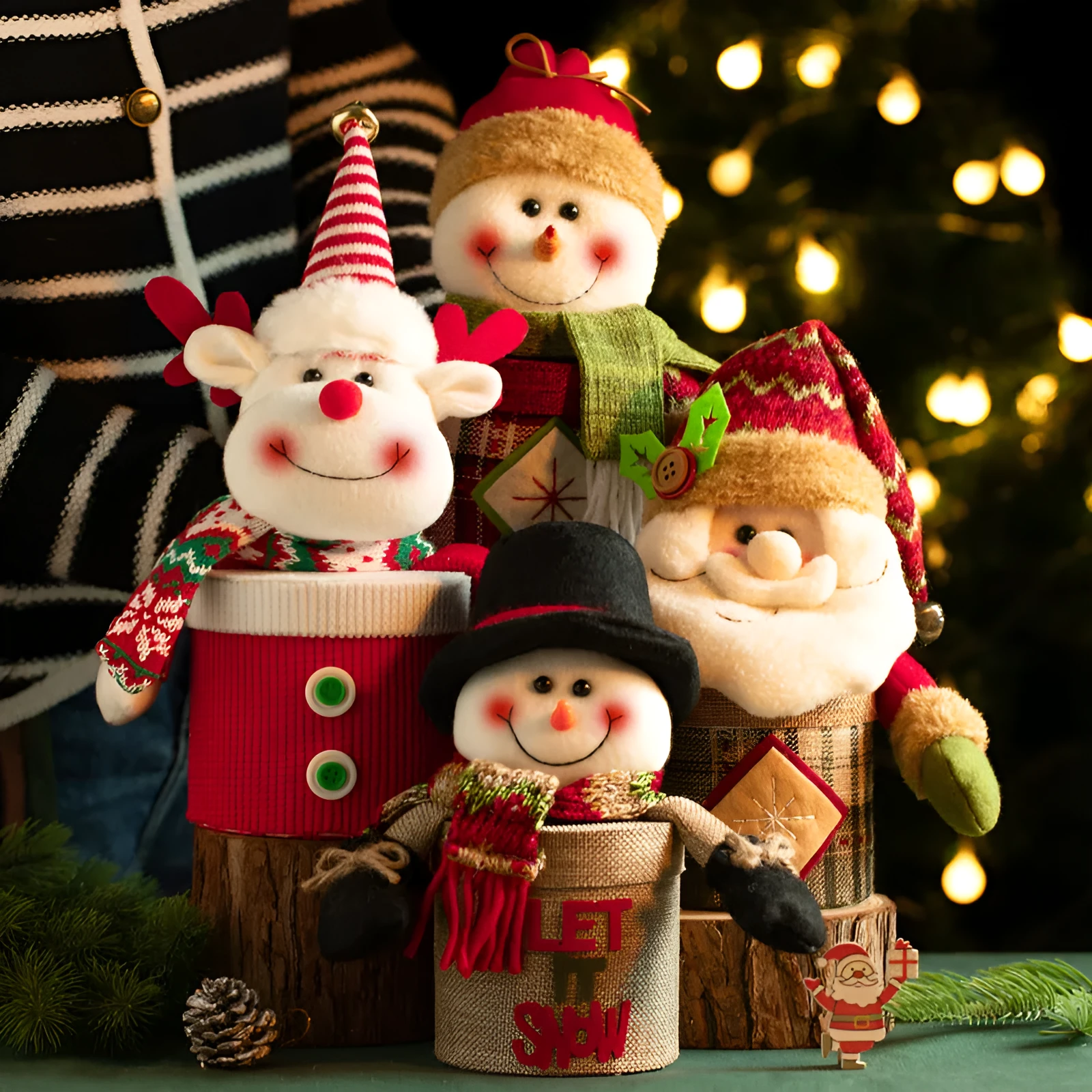 Christmas gift box in knitted flannel with oversized cartoon snowman design for festive candy storage