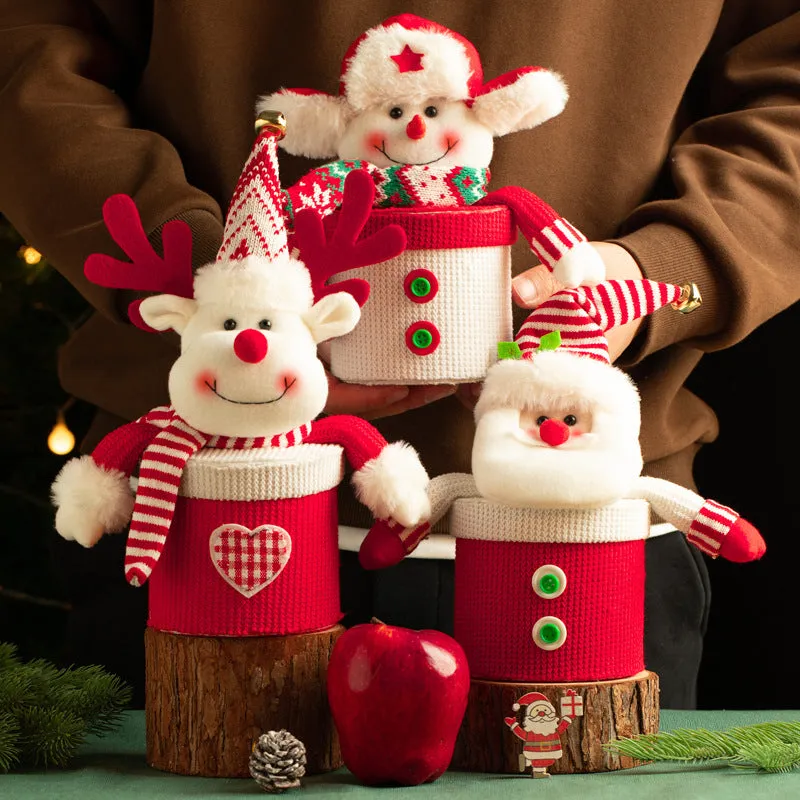 Christmas gift box in knitted flannel with oversized cartoon snowman design for festive candy storage