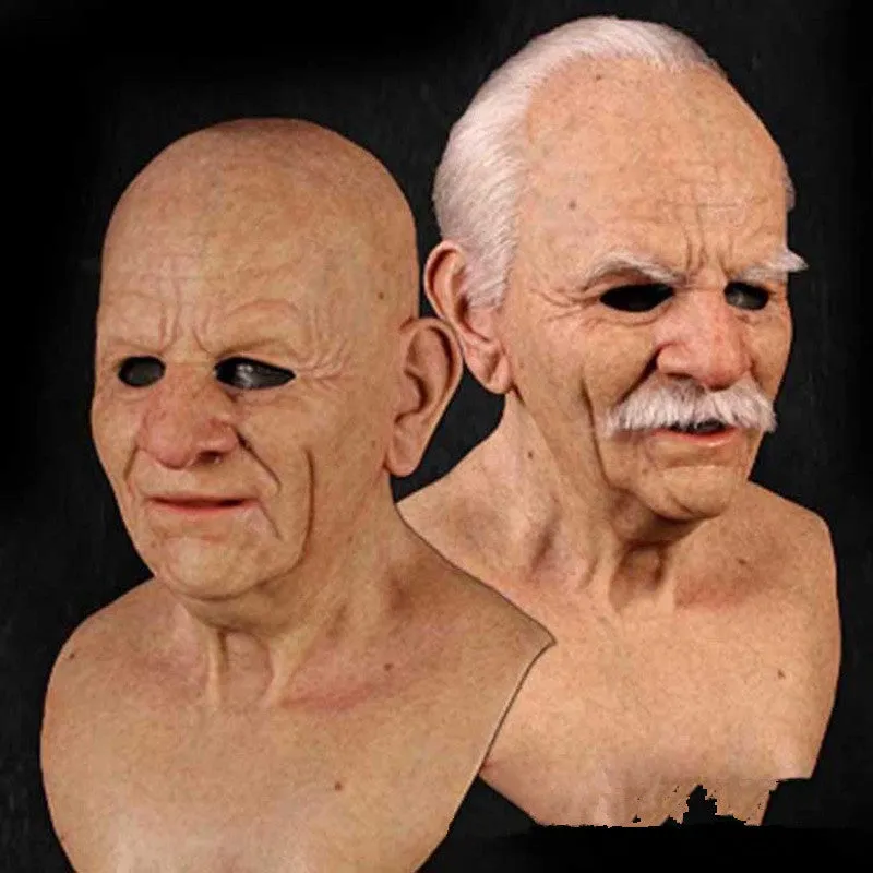 Latex Halloween old man mask with white hair and white beard, curly hair style on display