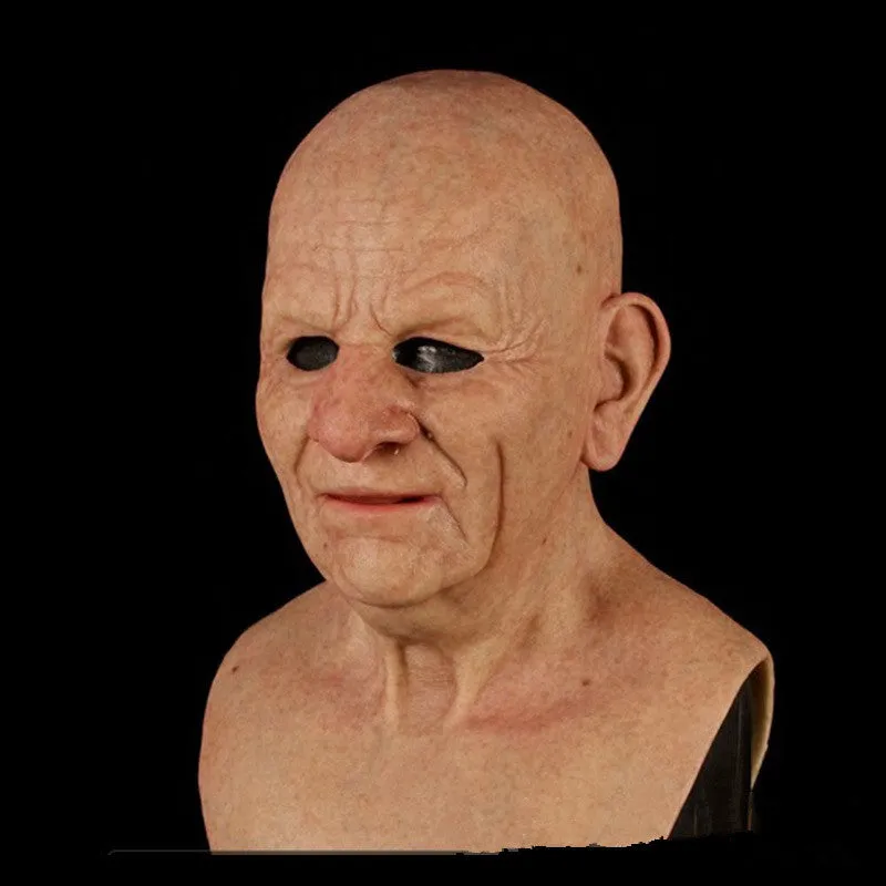 Latex Halloween old man mask with white hair and white beard, curly hair style on display