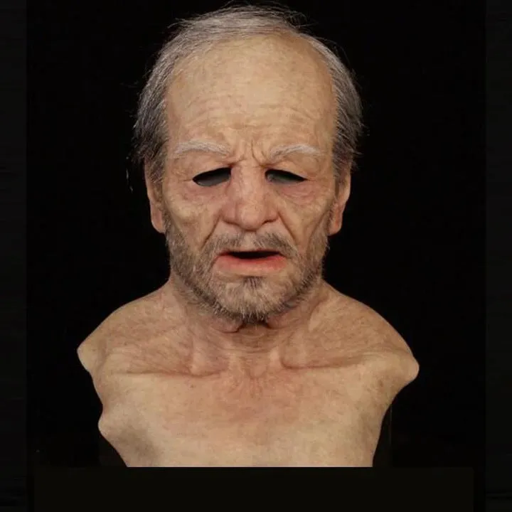 Latex Halloween old man mask with white hair and white beard, curly hair style on display
