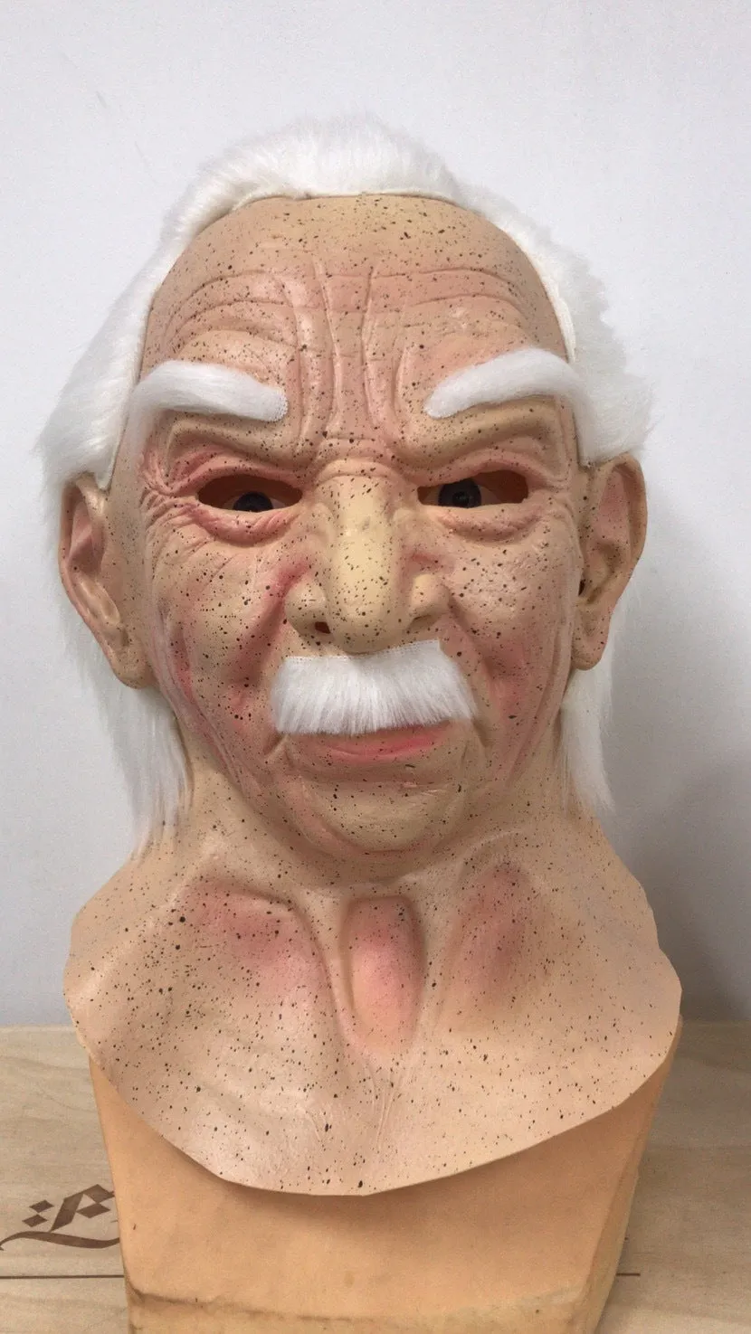 Latex Halloween old man mask with white hair and white beard, curly hair style on display