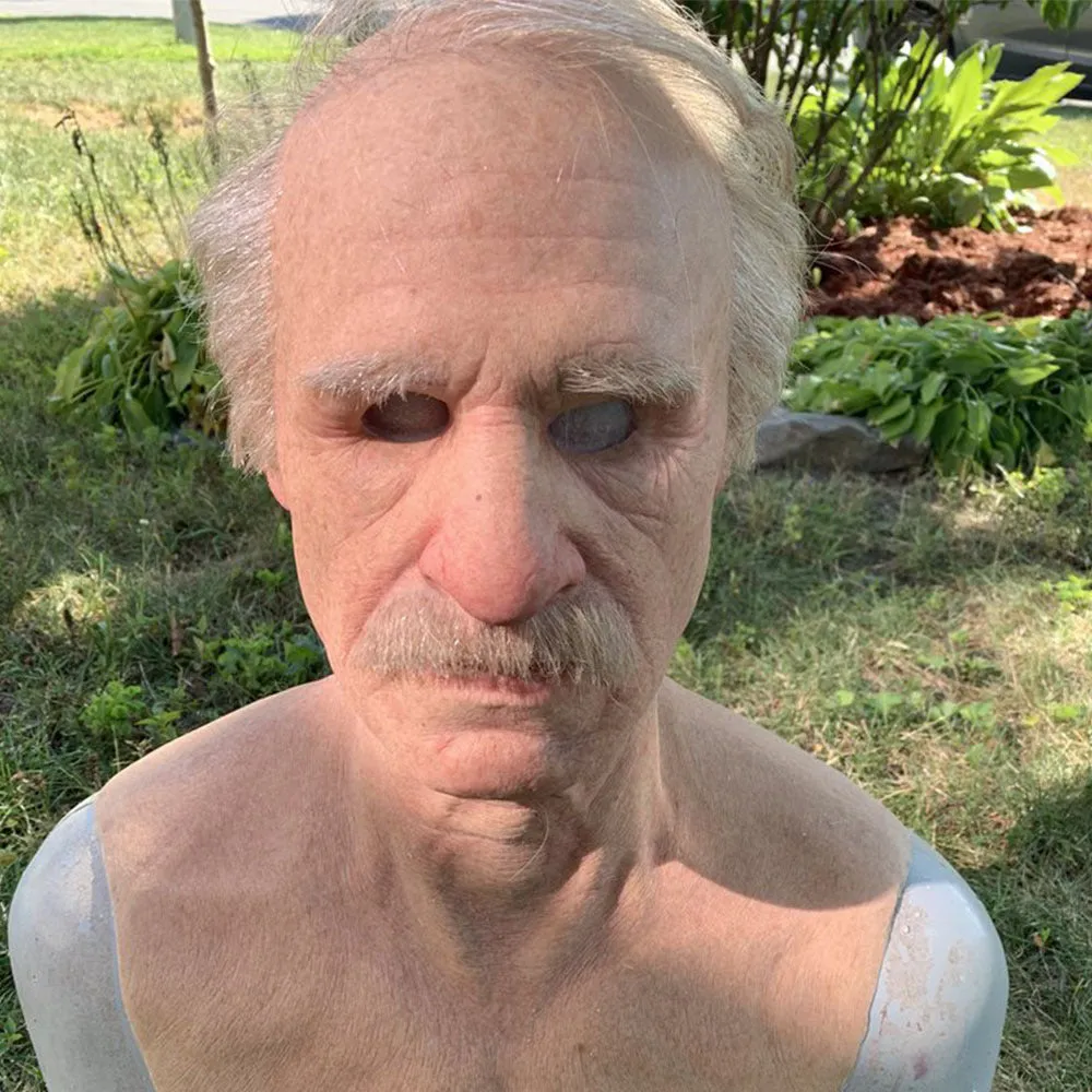 Latex Halloween old man mask with white hair and white beard, curly hair style on display