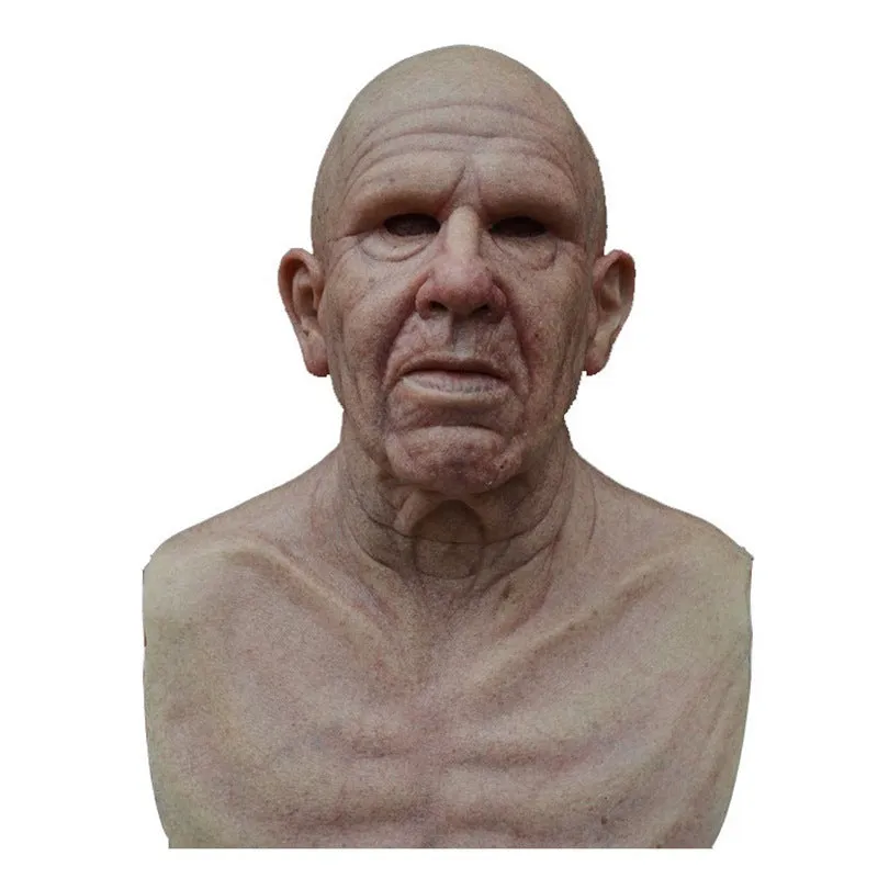 Latex Halloween old man mask with white hair and white beard, curly hair style on display