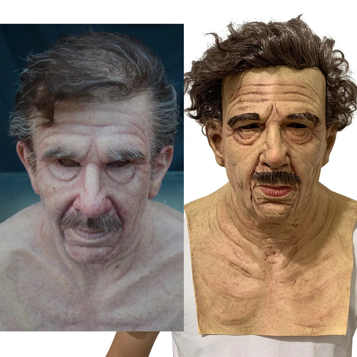 Latex Halloween old man mask with white hair and white beard, curly hair style on display