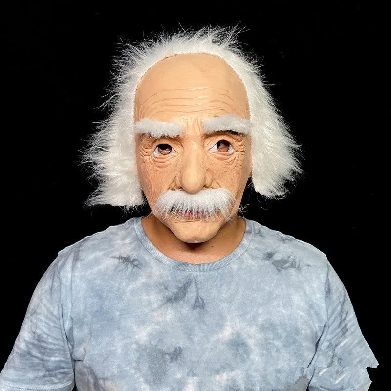 Latex Halloween old man mask with white hair and white beard, curly hair style on display
