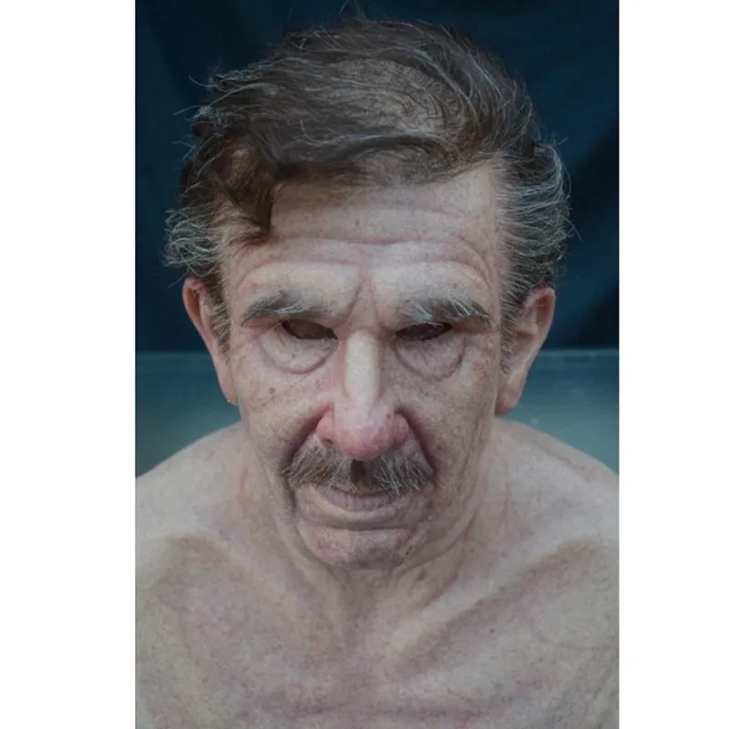 Latex Halloween old man mask with white hair and white beard, curly hair style on display