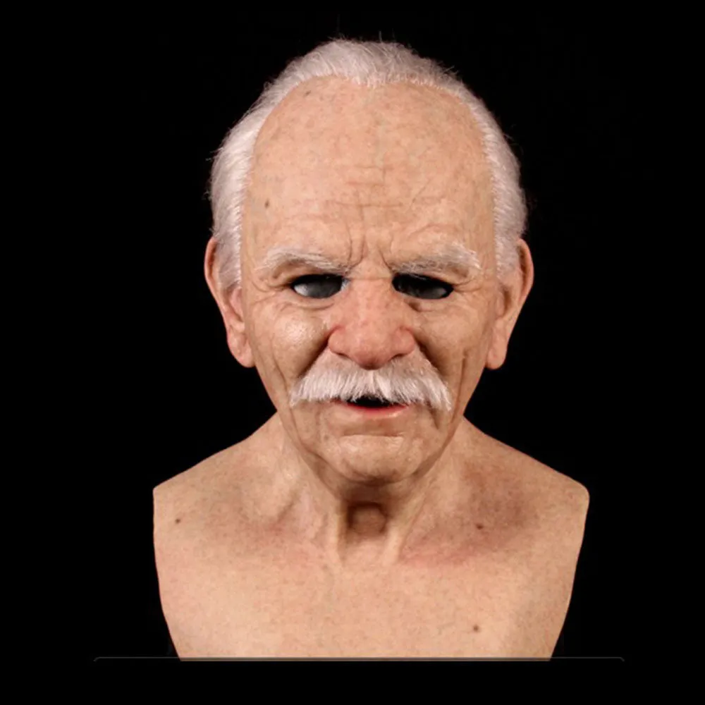 Latex Halloween old man mask with white hair and white beard, curly hair style on display