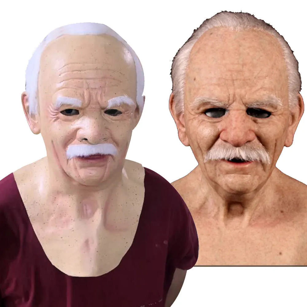Latex Halloween old man mask with white hair and white beard, curly hair style on display